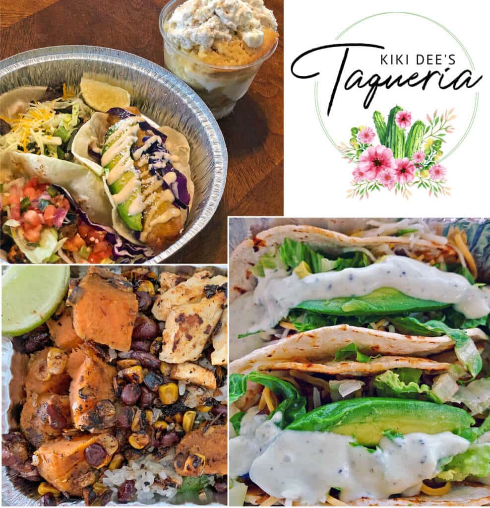 A collage featuring various tacos, a rice bowl with grilled chicken and vegetables, and a dessert, alongside the logo for Kiki Dee's Taqueria.