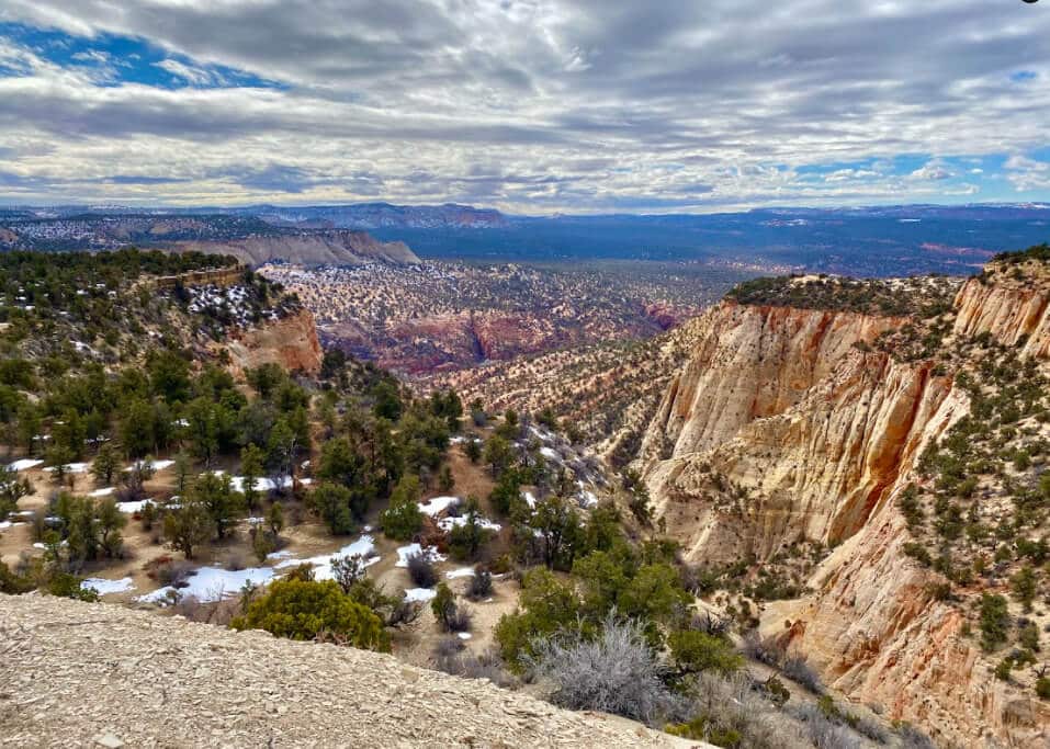 A panoramic view of a rugged canyon landscape with scattered trees and patches of snow under a cloudy sky.