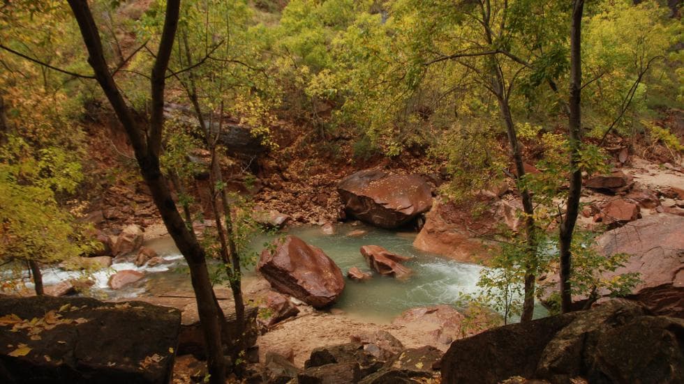 A serene river flows through a landscape of rocks and autumn foliage.
