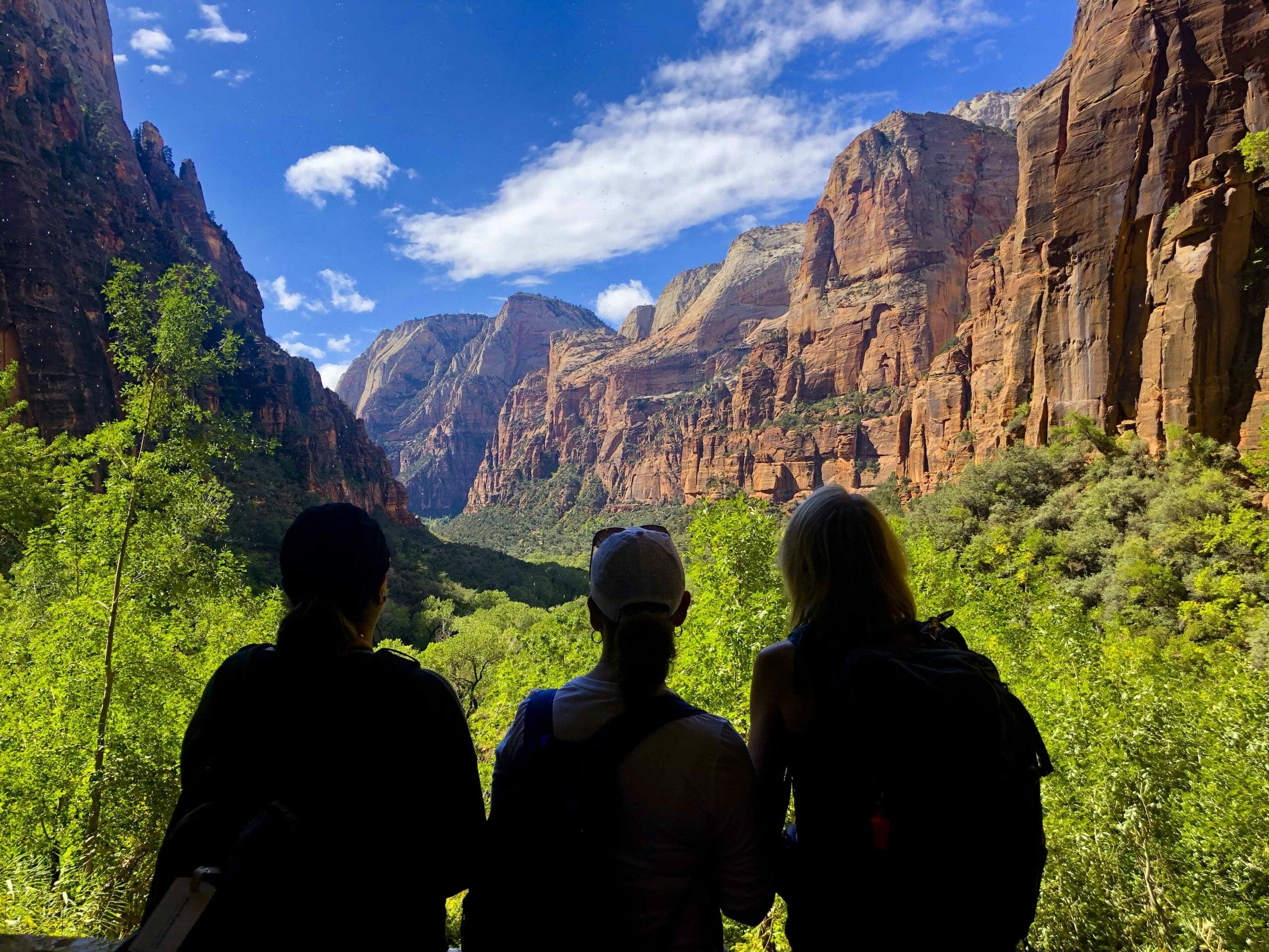 Three hikers overlooking a lush valley surrounded by towering red rock cliffs under a blue sky.