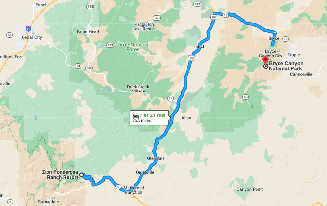 map from zion national park to bryce canyon