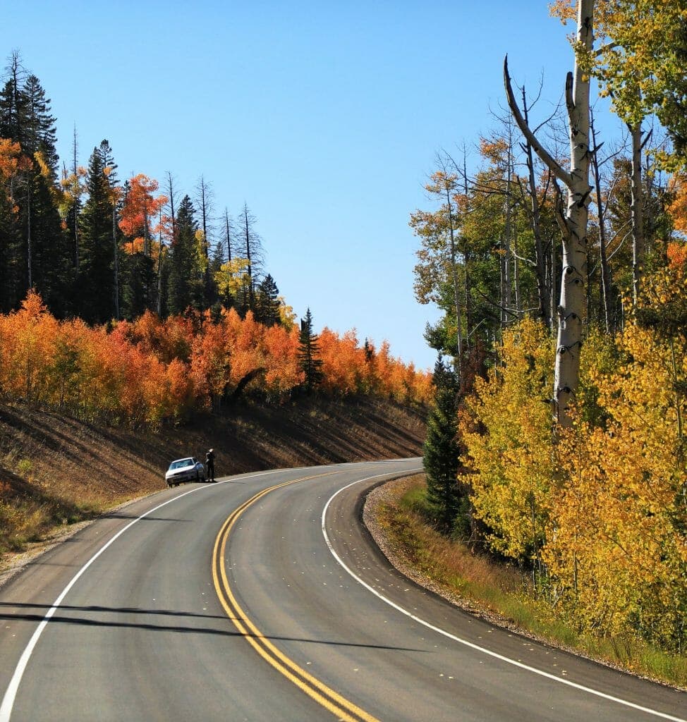 A winding road surrounded by vibrant autumn trees with a parked car and a person standing nearby.