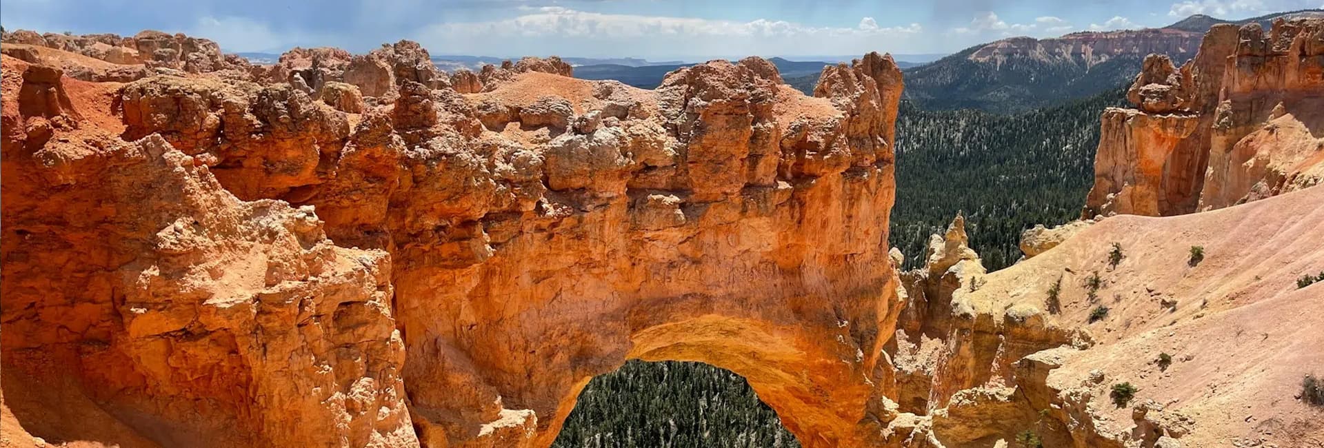 A panoramic view of a natural orange rock arch overlooking a lush forested valley.