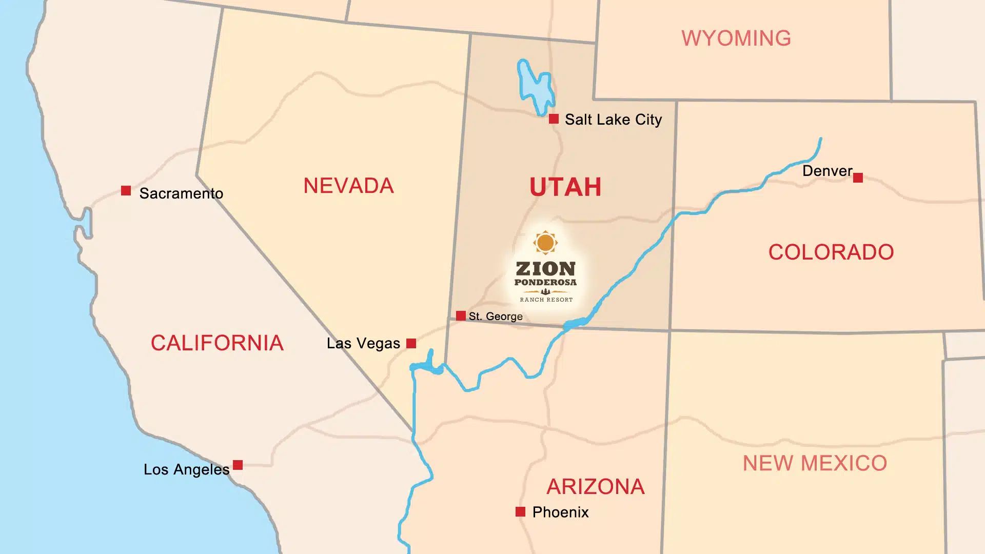 Map showing the southwestern United States with a focus on Utah, featuring Zion Ponderosa Ranch Resort.