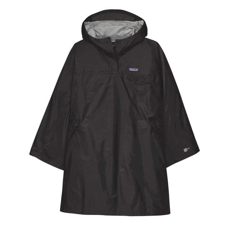 Black waterproof poncho with a hood and a gray lining.