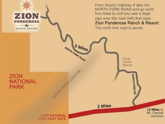 Map showing directions to Zion Ponderosa Ranch & Resort from Scenic Highway 9, highlighting North Fork Road and nearby landmarks.