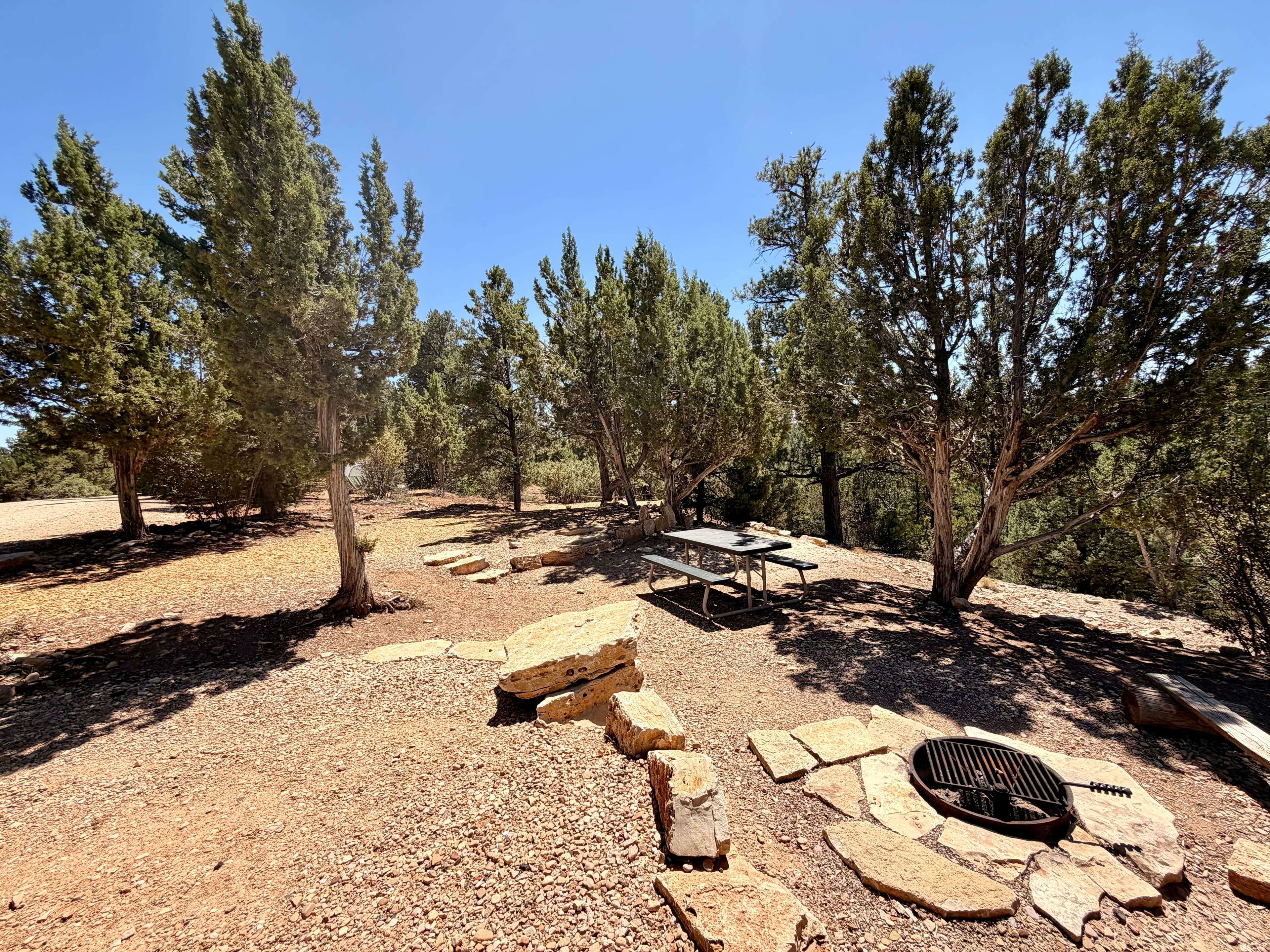A shaded picnic area surrounded by trees on rocky terrain.