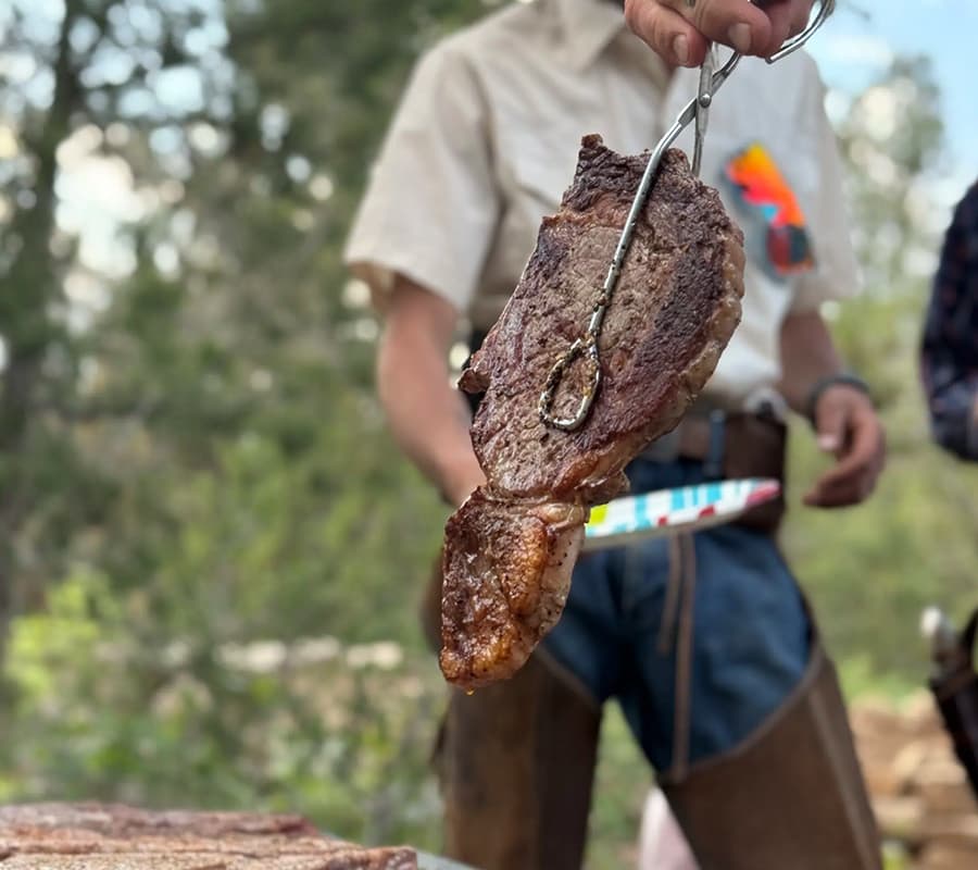 A person is holding a cooked steak with tongs against a blurred outdoor background.