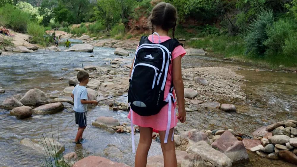 A girl in a pink dress stands by a creek, while a boy wades in the water nearby.