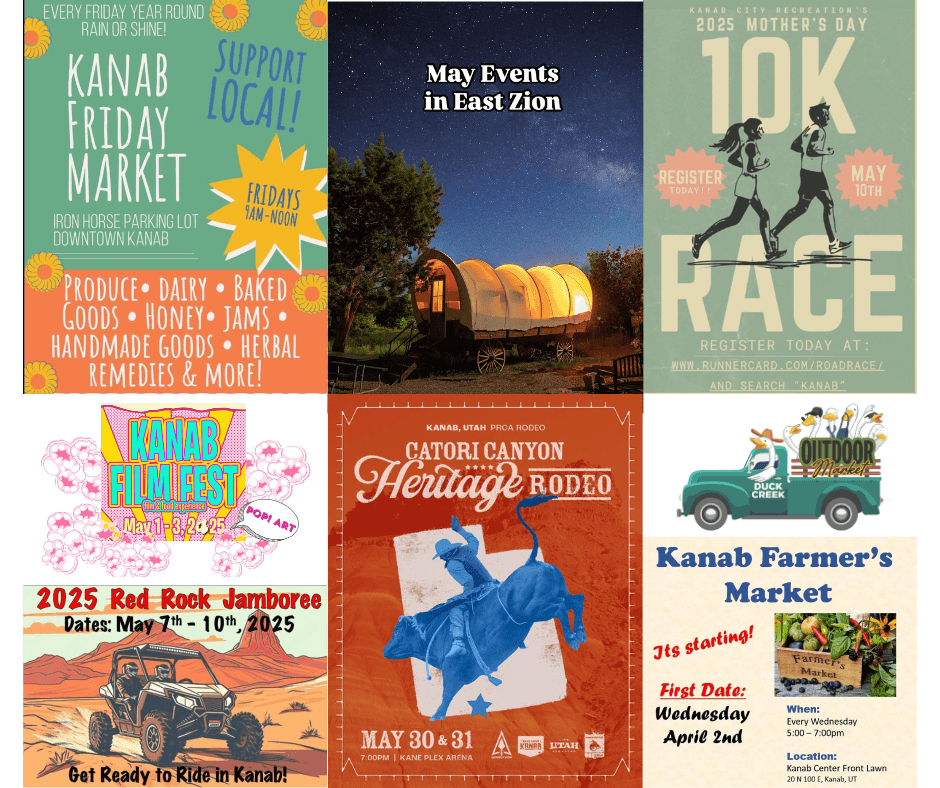 A collage of flyers advertising various events in Kanab, including a Friday market, film festival, rodeo, and a 10K race.