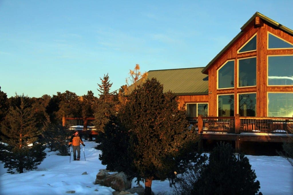 A person walks through snow near a modern wooden house surrounded by evergreen trees.