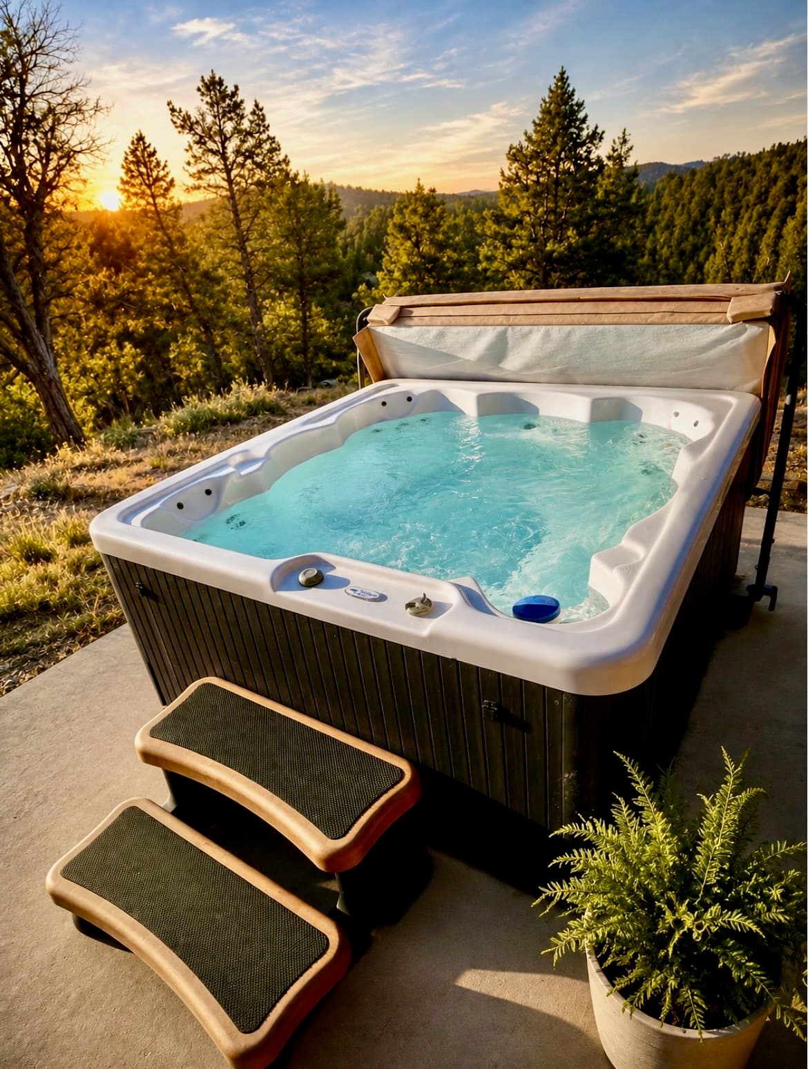 Hot tub on a patio overlooking a forest at sunset.