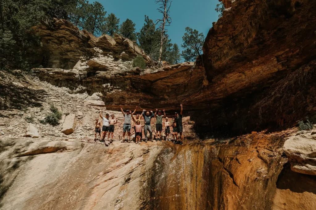 A group of people stands on a rocky ledge, cheering with their arms raised in a natural setting.