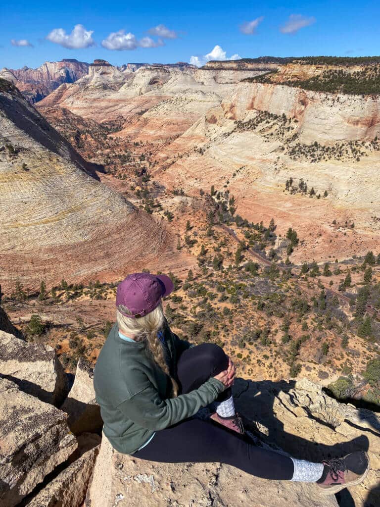 A person sits on a rocky ledge overlooking a vast, colorful desert landscape.