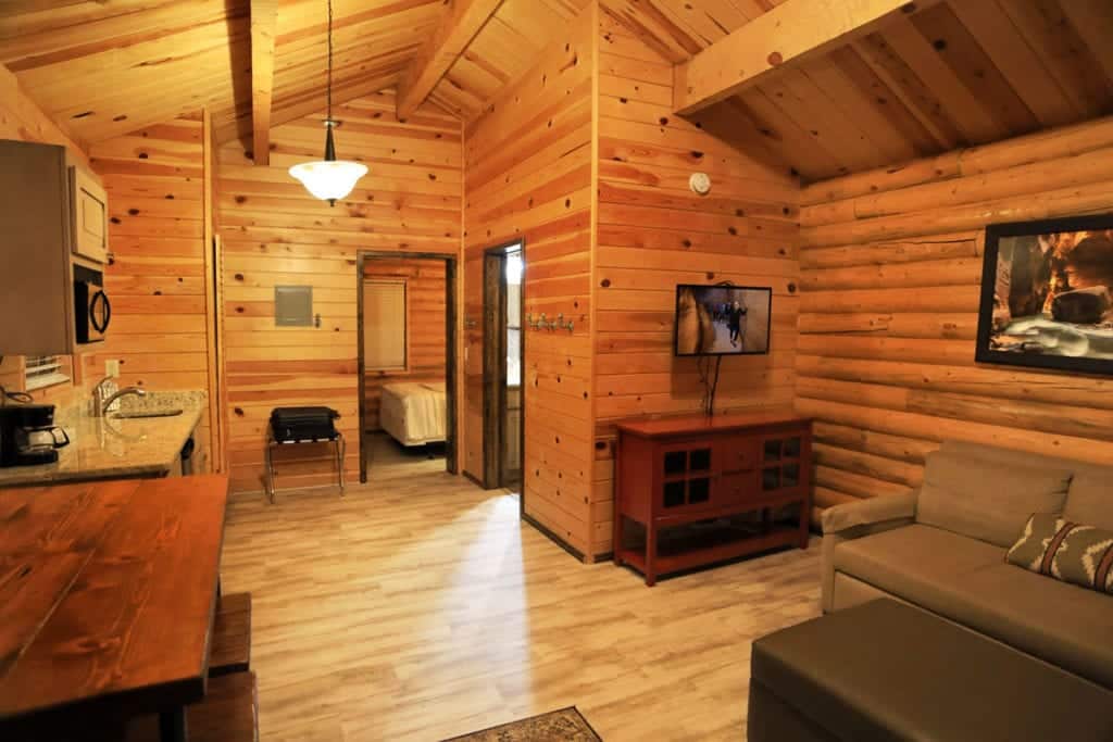 Cozy log cabin interior featuring wooden walls, a kitchen area, a living space with a couch, and a television.
