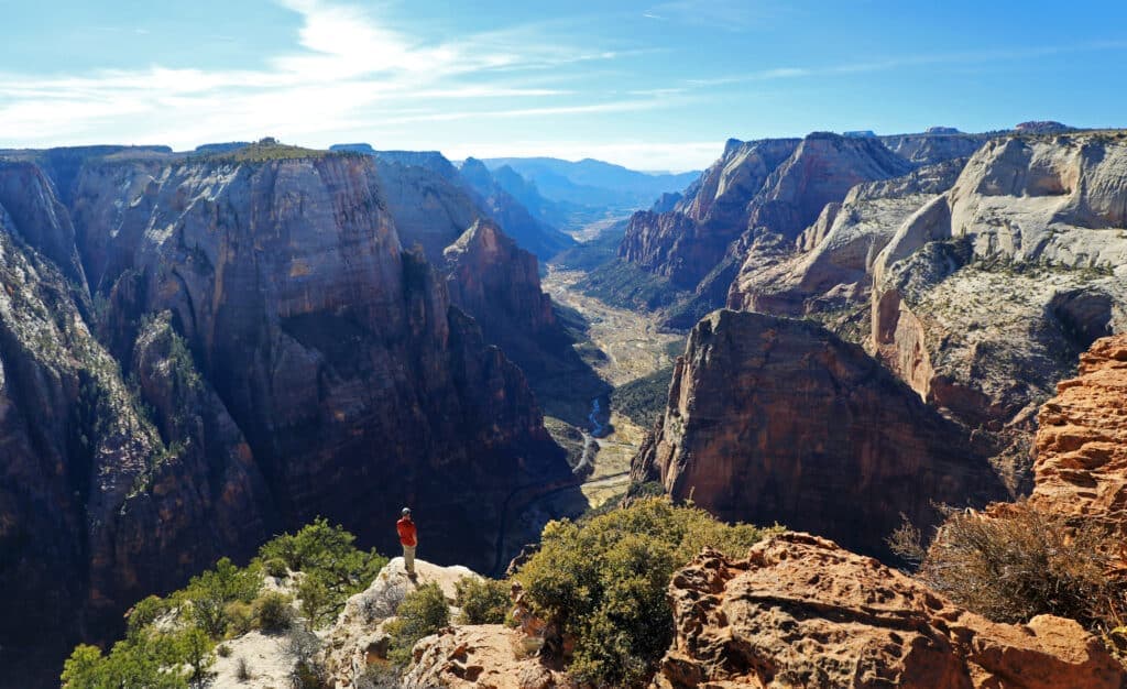 A person stands on a rocky ledge overlooking a vast canyon landscape under a blue sky.