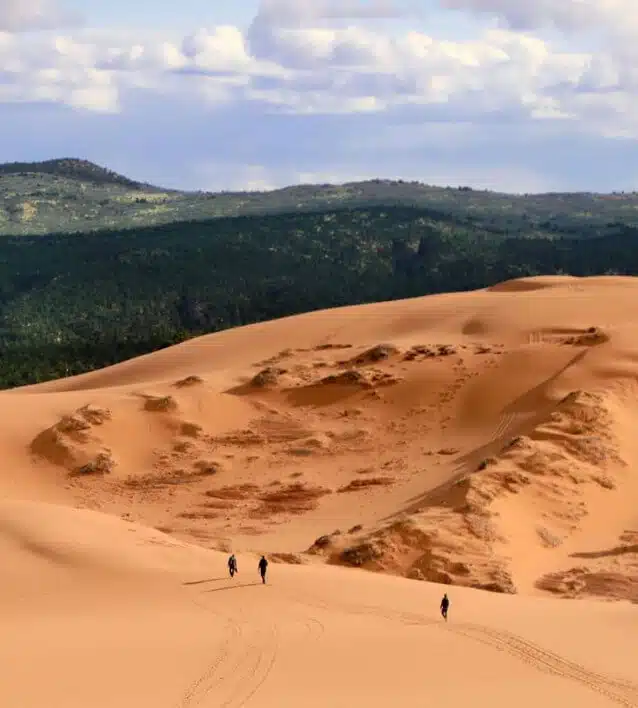 Three individuals walk across golden sand dunes with greenery and hills in the background.