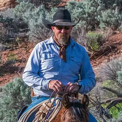 A cowboy wearing a hat and sunglasses sits on a horse amidst a rugged landscape.