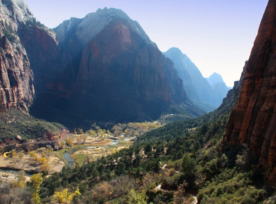A panoramic view of Zion National Park's towering red cliffs and a winding river below.