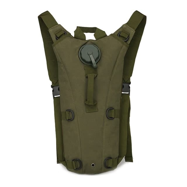 A green hydration backpack with adjustable straps and a water reservoir opening.