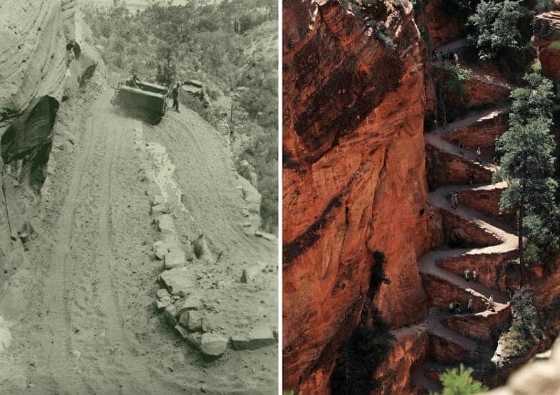 A historical black-and-white photo of a rugged dirt road contrasts with a colorful image of a winding trail through steep red rock formations.