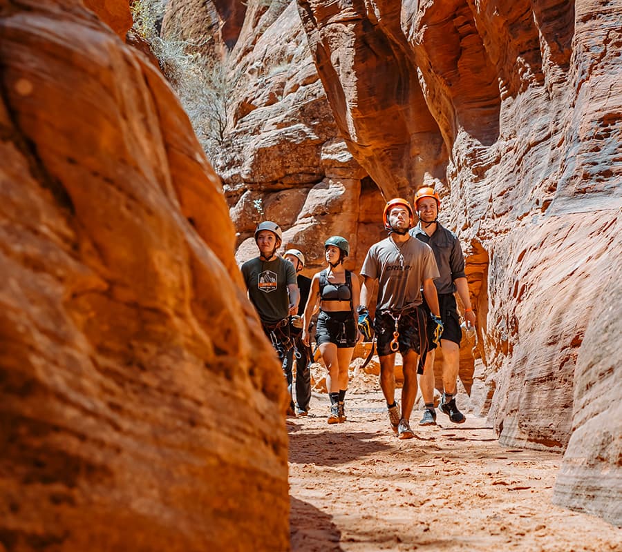 A group of climbers in helmets walks through a narrow, rugged canyon.