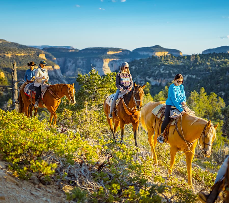 Four riders on horses traverse a scenic trail surrounded by greenery and distant cliffs.