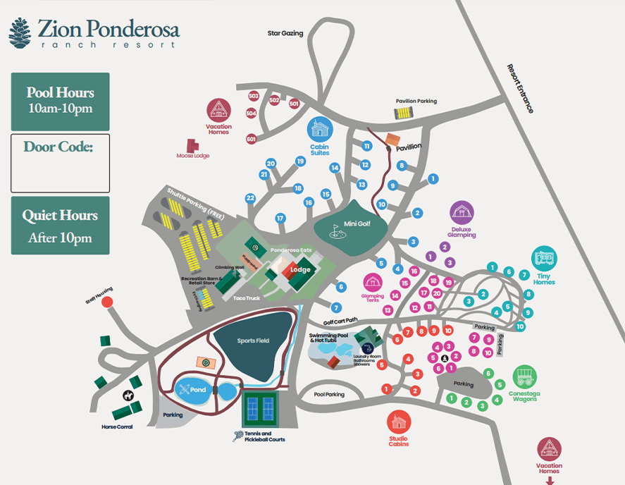 Map of Zion Ponderosa Ranch Resort showing amenities, pathways, and facility locations.