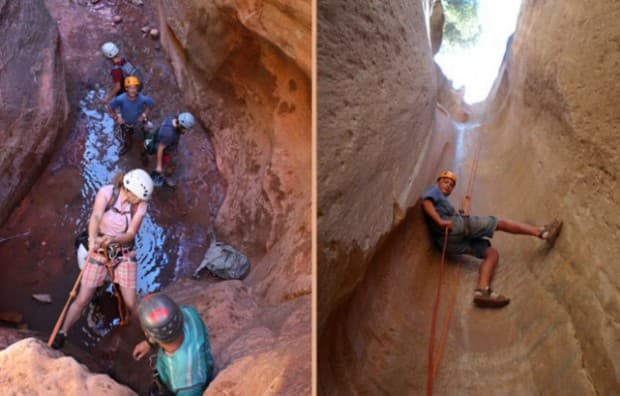 Two scenes of canyoning: one showing people navigating a water-filled canyon and another of a climber rappelling down a narrow rock passage.