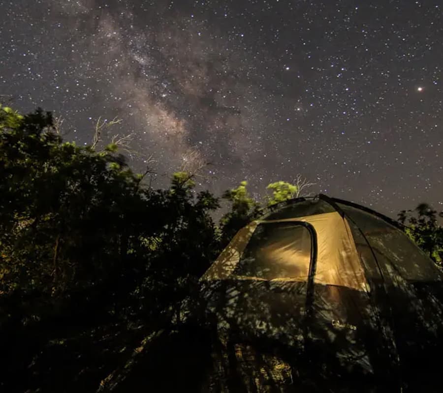 A tent is illuminated under a starry night sky featuring the Milky Way.