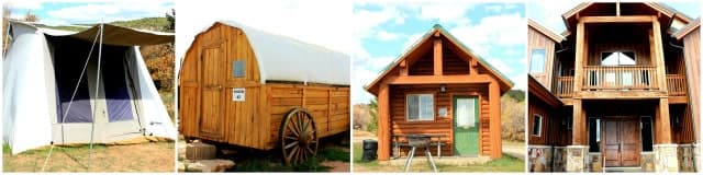 A series of four distinct accommodations: a spacious tent, a wooden wagon, a small cabin, and a large rustic lodge.