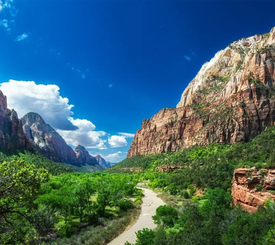 A panoramic view of a lush valley surrounded by towering red rock formations and a winding river under a bright blue sky.