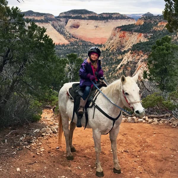 A young girl in a helmet smiles while riding a white horse on a scenic trail.