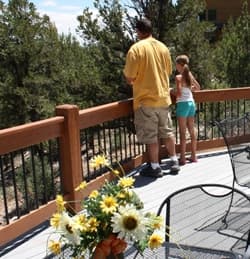 A man and a girl stand on a deck, overlooking a forested area, with a flower arrangement in the foreground.