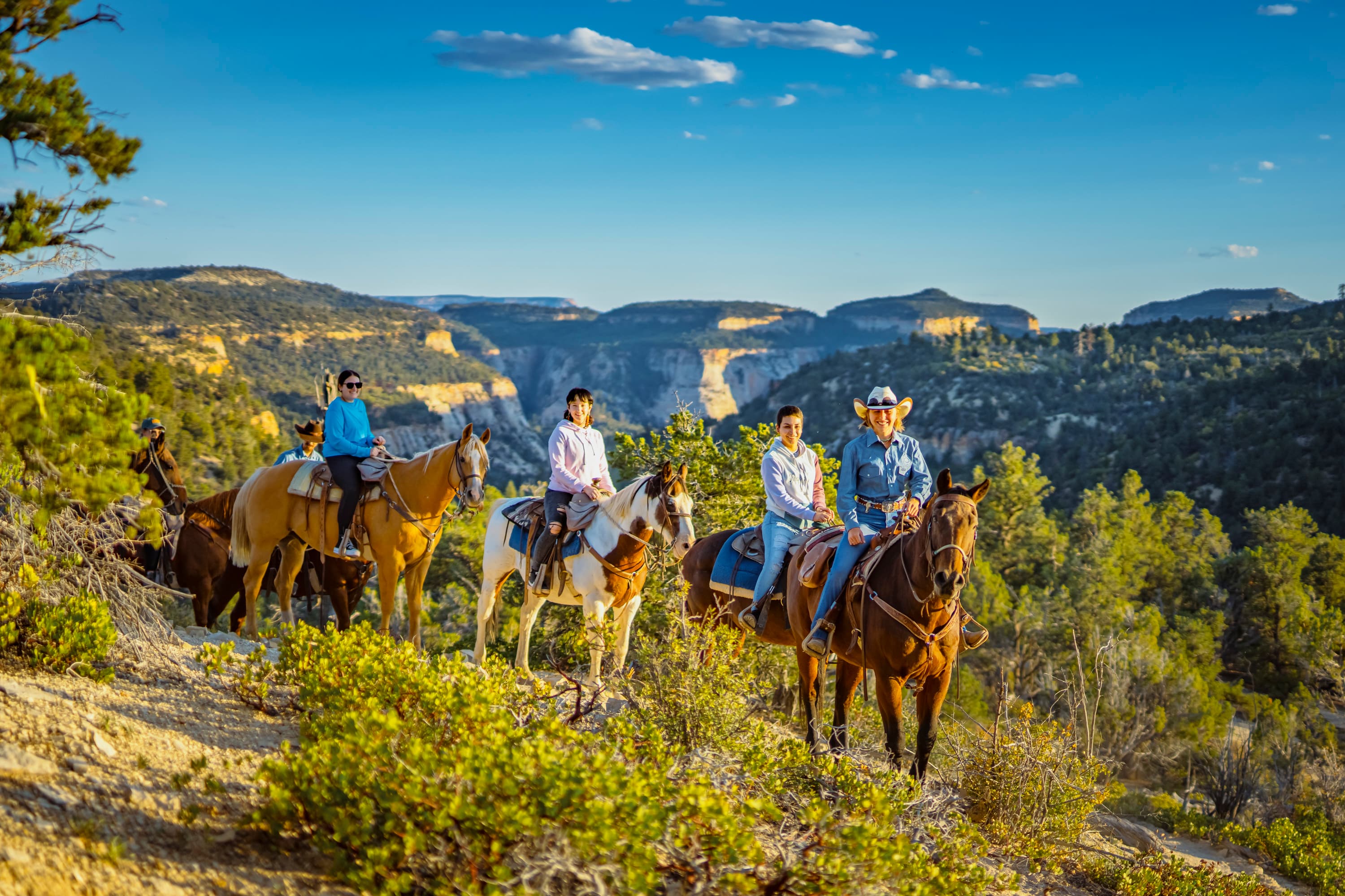 A group of four people on horseback in a scenic landscape with cliffs and greenery.
