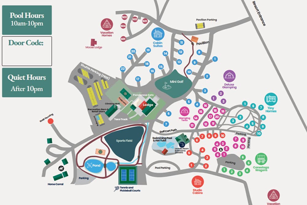 Map of a recreational area showing facilities, parking, and hours of operation.
