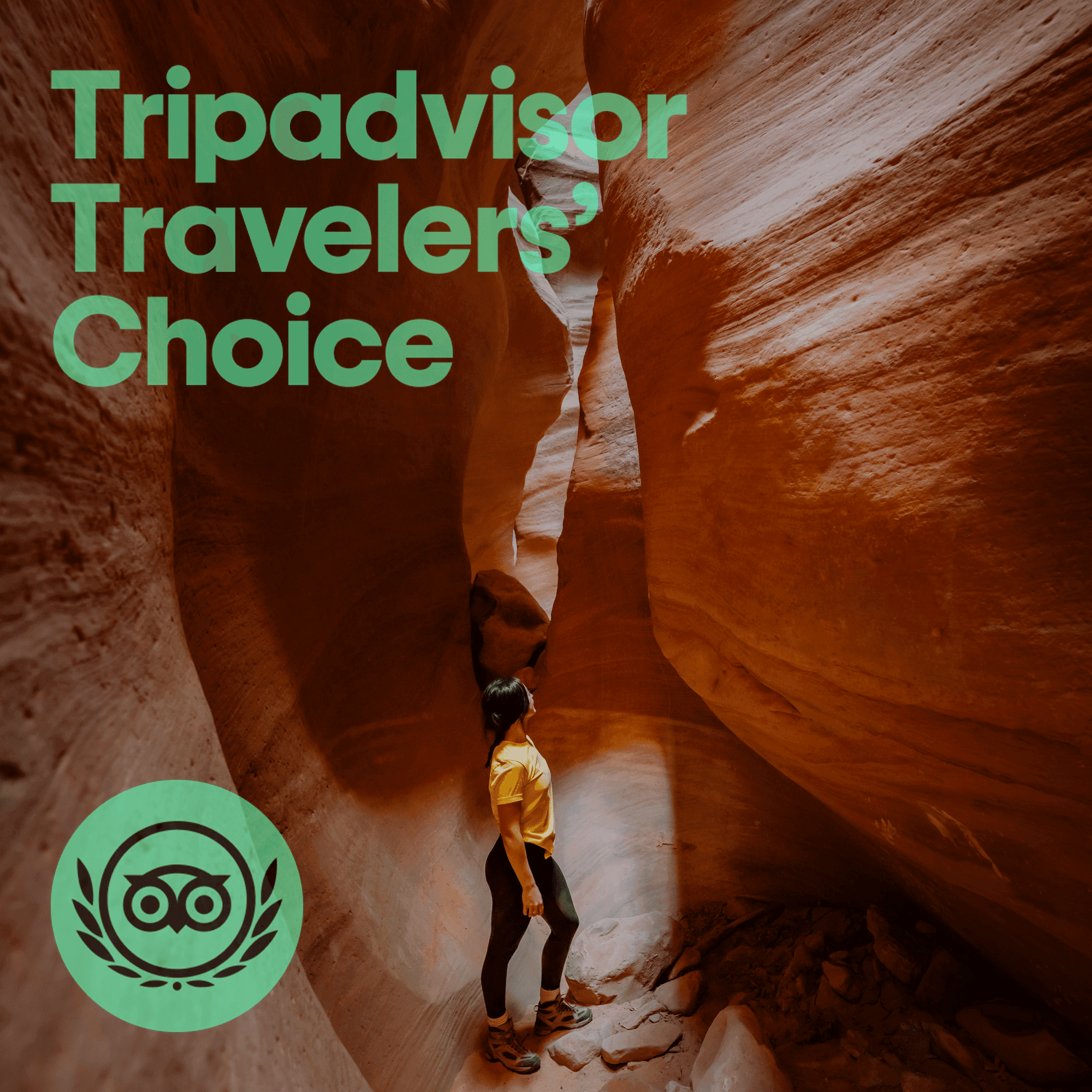 A person stands in a narrow, illuminated canyon with text overlay reading "Tripadvisor Travelers' Choice."
