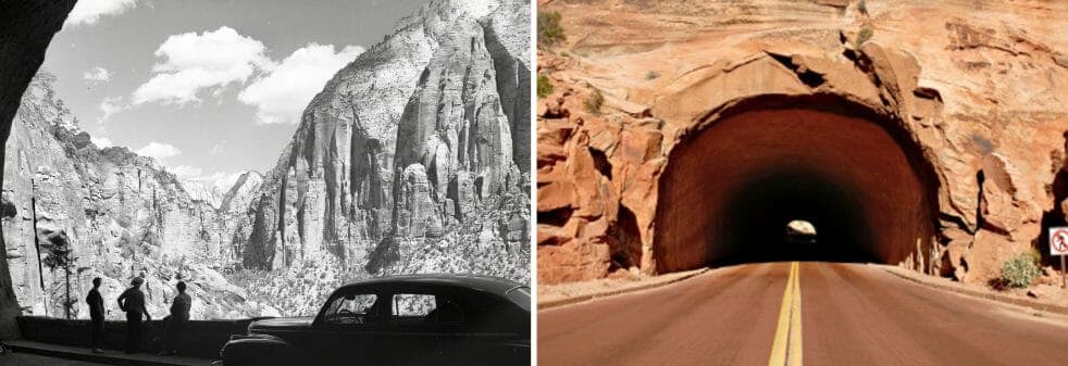 A side-by-side comparison of a historic black-and-white photograph of a mountain tunnel and a modern color image of a similar tunnel.