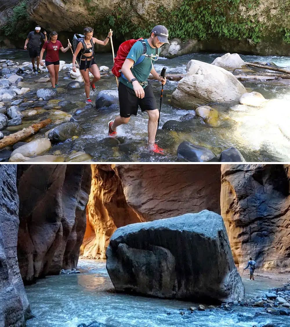 A group of hikers wades through a rocky stream in a canyon setting, with dramatic rock formations visible above.