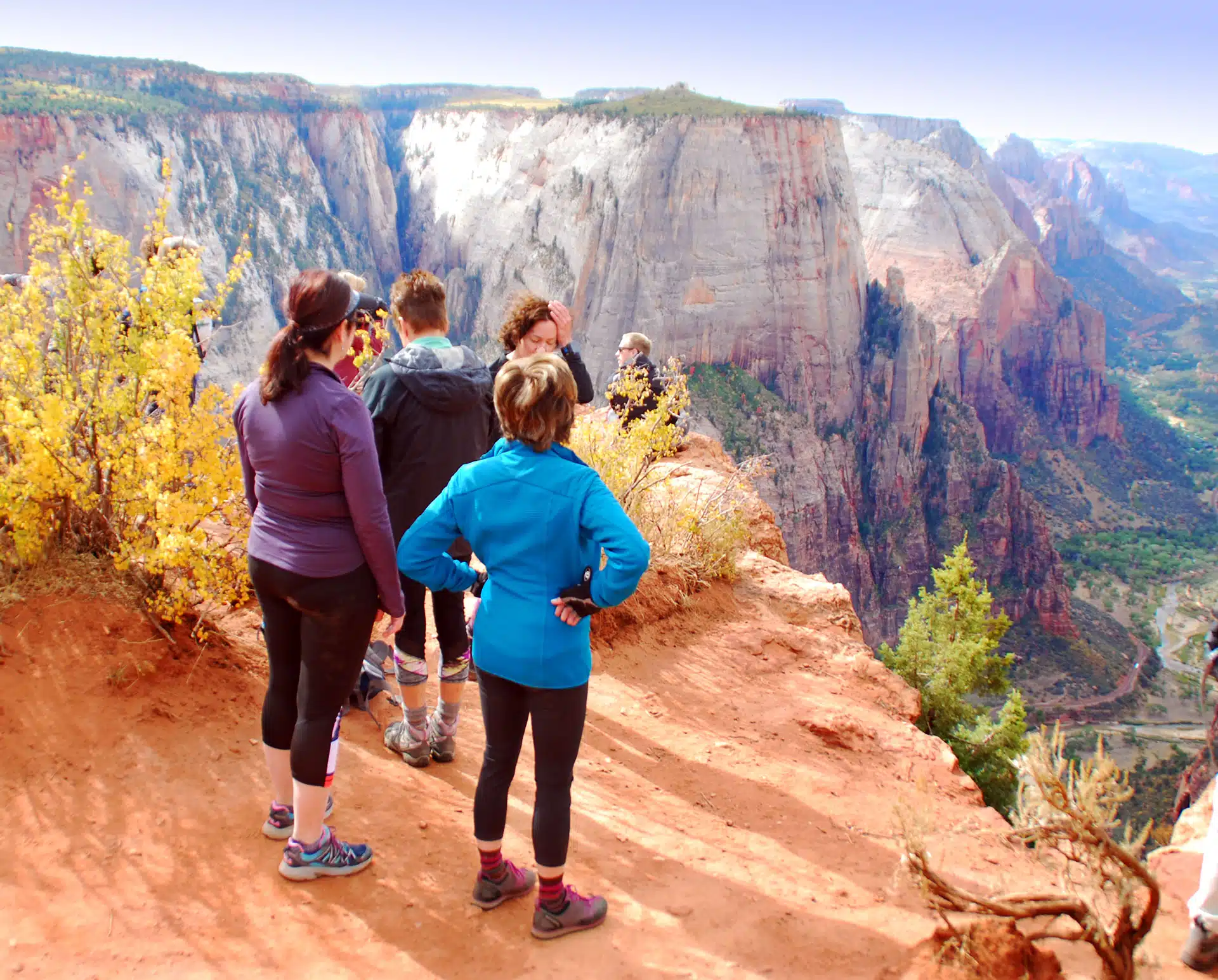 A group of hikers stands on a cliff edge overlooking a vast canyon filled with colorful rock formations.