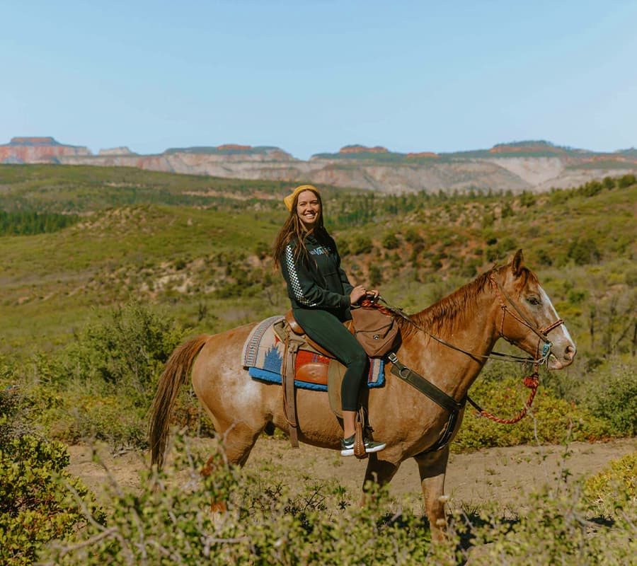 A person sits on a horse in a scenic outdoor landscape with mountains in the background.