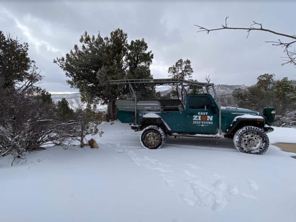 A blue jeep parked in a snowy landscape surrounded by trees.