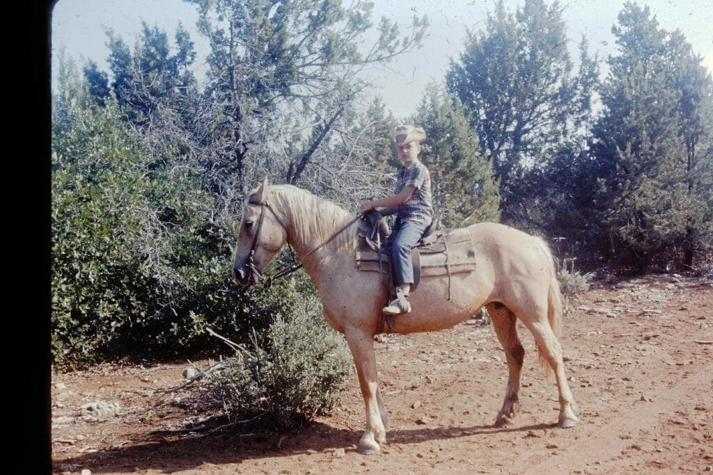 A boy is riding a light-colored horse in a natural outdoor setting.