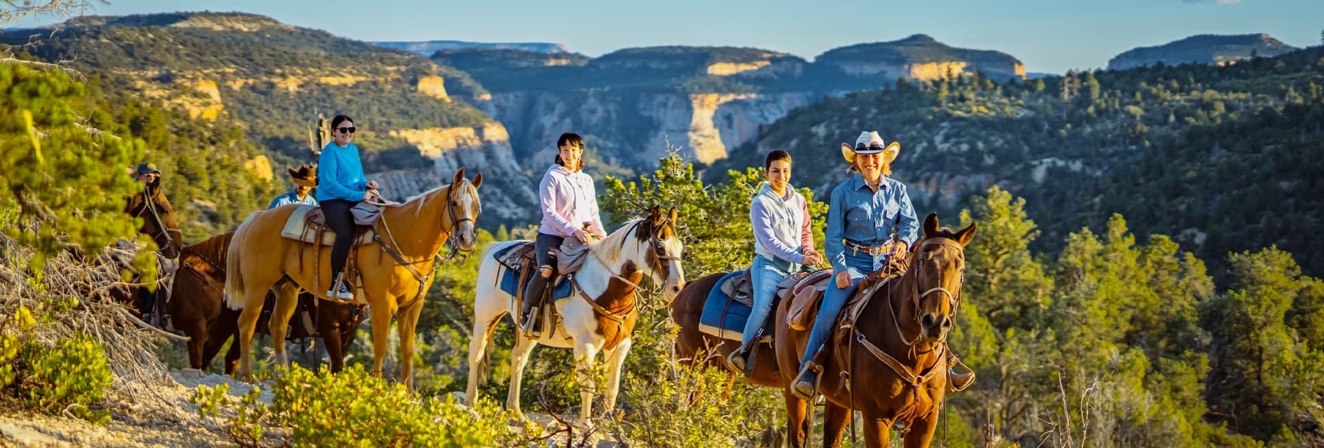 A group of four individuals riding horses in a scenic landscape with cliffs and trees.