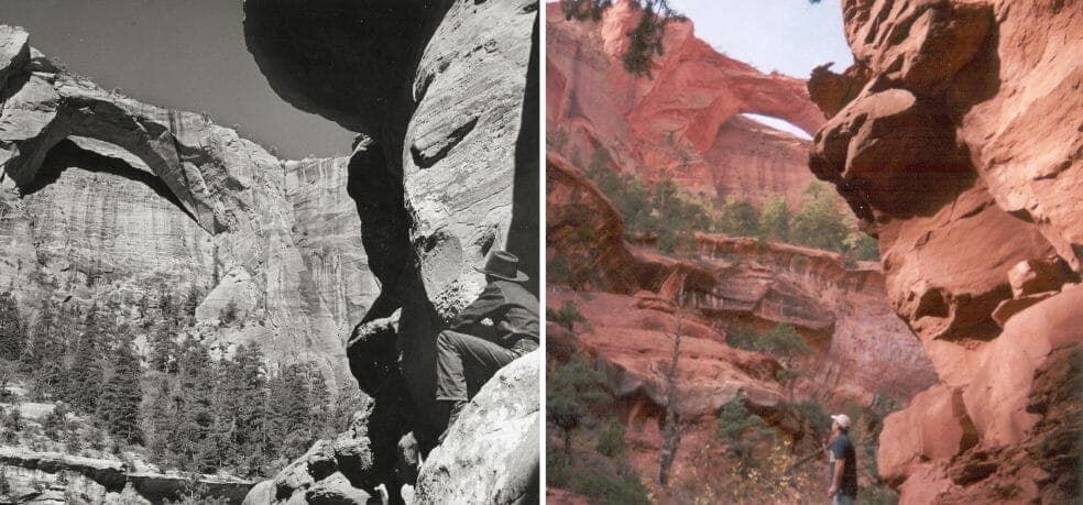 A split image shows a black-and-white photograph of a rocky canyon on the left and a colorful photo of a similar canyon landscape with a person standing on the right.