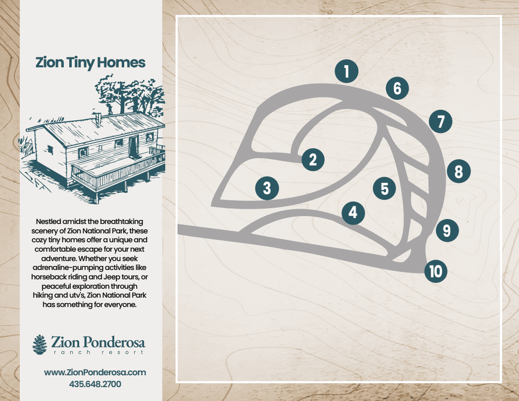 Map illustrating the locations of Zion Tiny Homes at Zion Ponderosa Ranch Resort, surrounded by scenic views.