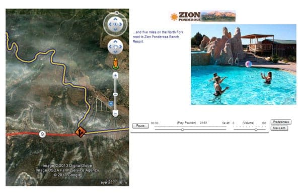 Map of a winding road leading to Zion Ponderosa Ranch Resort, alongside an image of people swimming in a pool.