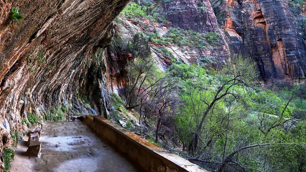 A winding path along a rocky cliff under a natural overhang, surrounded by lush greenery and towering rock formations.