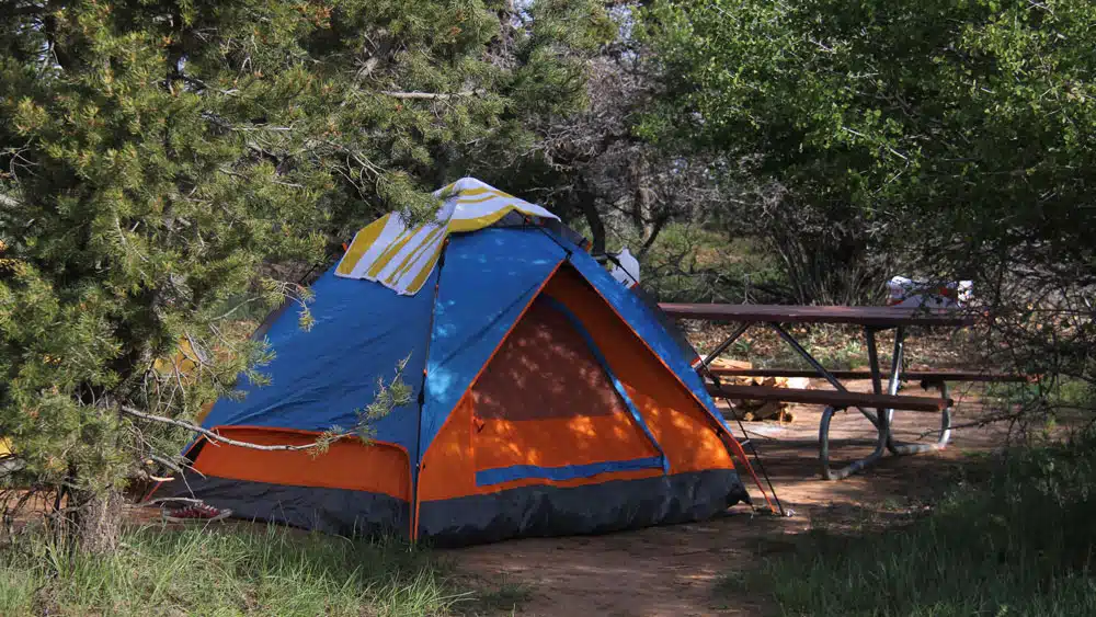 A colorful tent set up in a wooded campsite near a picnic table.