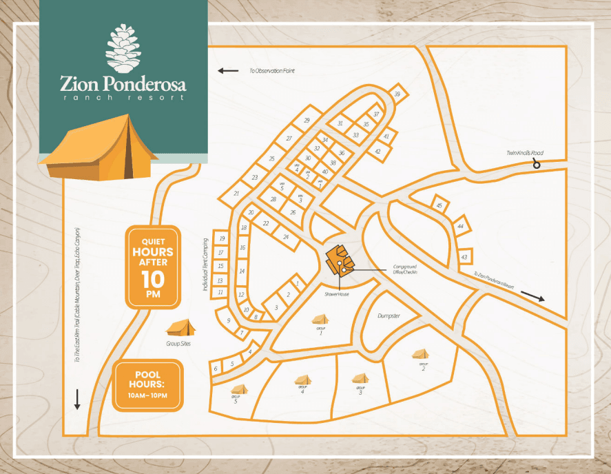 Map of Zion Ponderosa Ranch Resort detailing campsite locations, pool hours, and quiet hours.